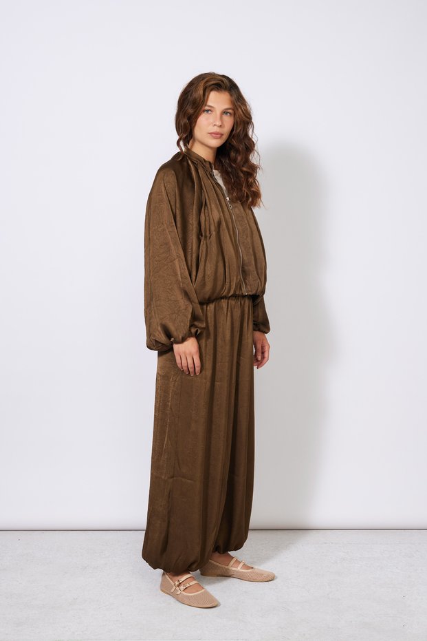Textured Satin Balloon Pants with Elastic Waist Olive