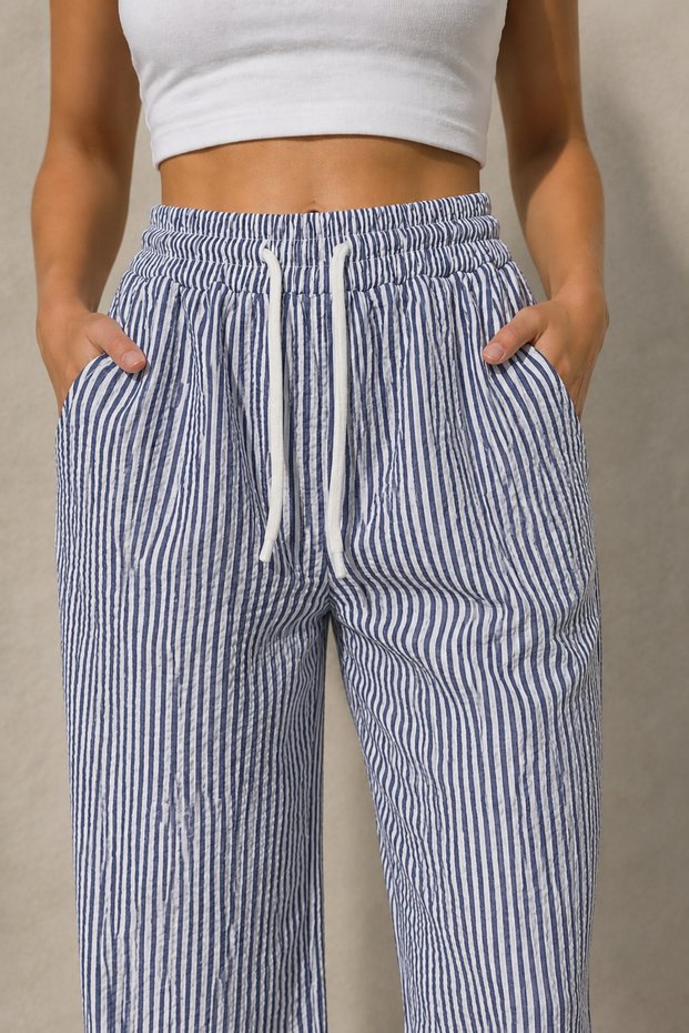 Women's Navy Blue Elastic Waist Waterway Pocket Trousers