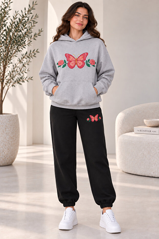 Women's Butterfly Flower Printed Hooded 2-Piece Tracksuit Set Oversize Comfortable Fit Jogger Bottom Top Set