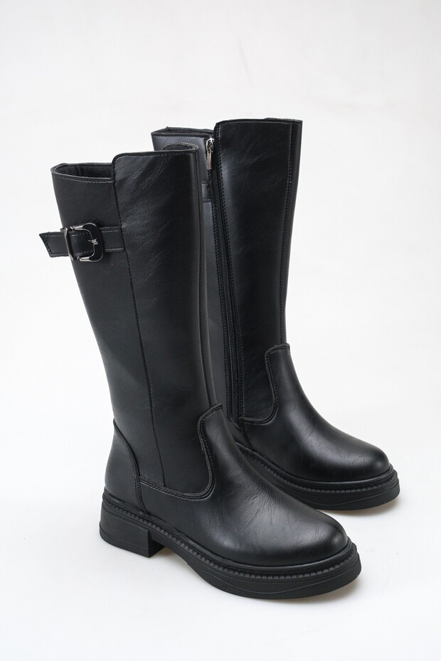 Women's Stylish Buckle-Strap Below-The-Knee Boots Black