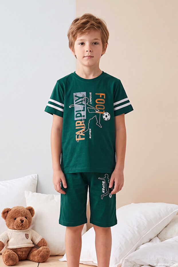 Boy's Short Sleeve Shorts Combed Cotton Pajama Set 4245 Emerald01