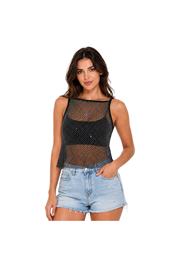 Women’s Black Rhinestone Mesh Sleeveless Cami Top – Free Size