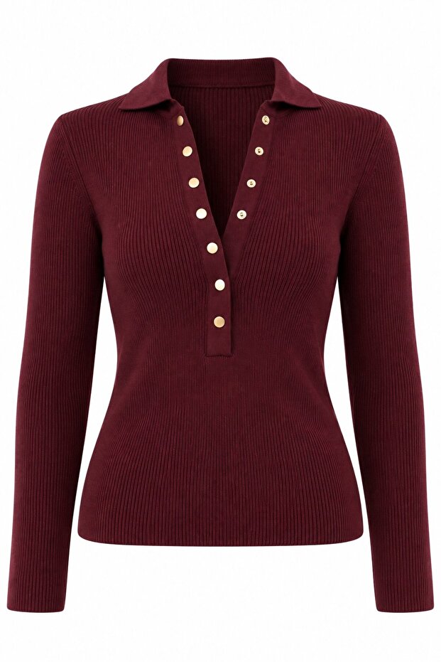 Burgundy Long Sleeve Snap Fastener Knitwear - 251172