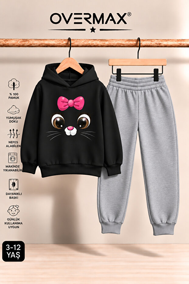 Girl's Hooded Kitten Face Printed Tracksuit Set 3-12 Years