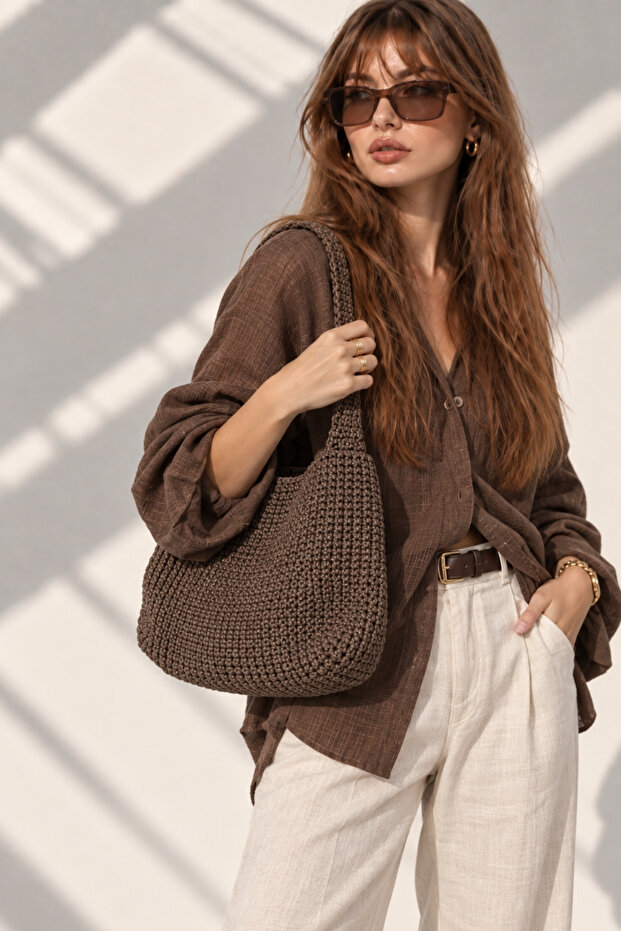 Women's Dark Brown Hand-Knitted Large Size Daily Shoulder and Shoulder Bag