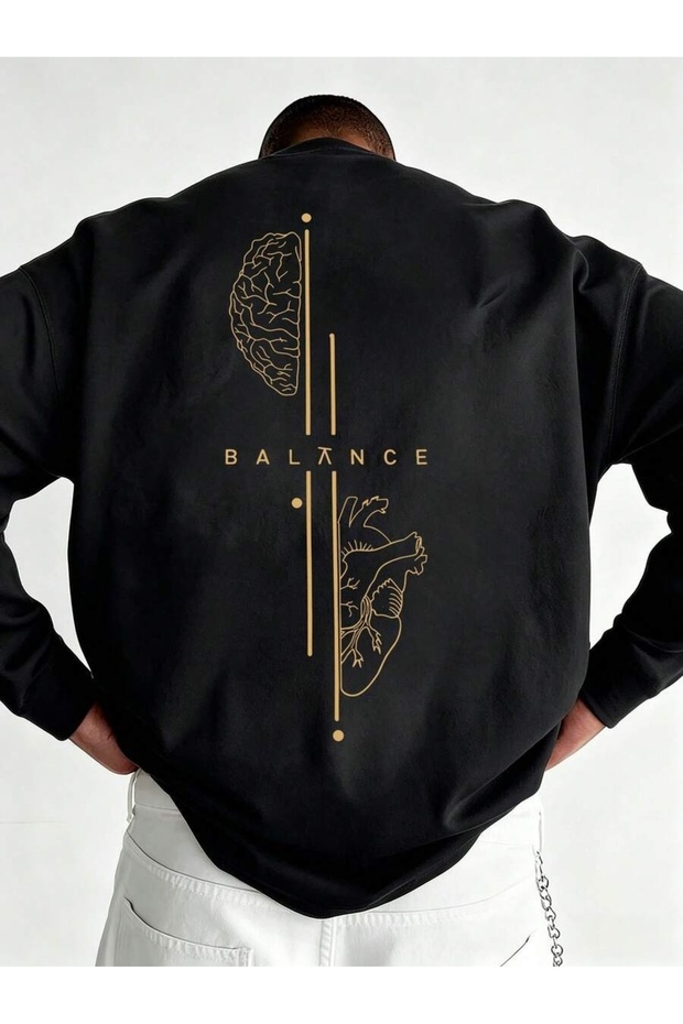 Unisex Black Balance Back Printed Crew Neck Printed Premium Oversize T-Shirt