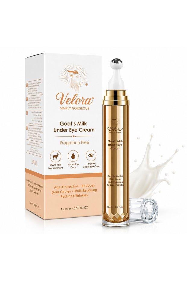 Velora Goat Milk Under Eye Cream | Hydrating Eye Cream with Shea Butter, Sweet Almond & Avocado Oil | Fragrance Free | Cooling Metal Applicator | 15ml