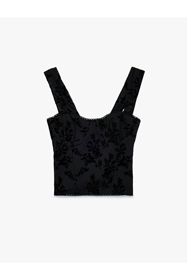 Slim Fit Velvet Floral Patterned Underwire Thick Strap Tulle Blouse