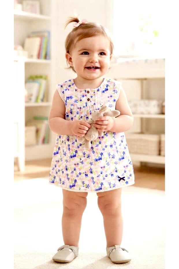 Vi̇a 2323 Pink and Blue Crispy Floral Pompom Dress