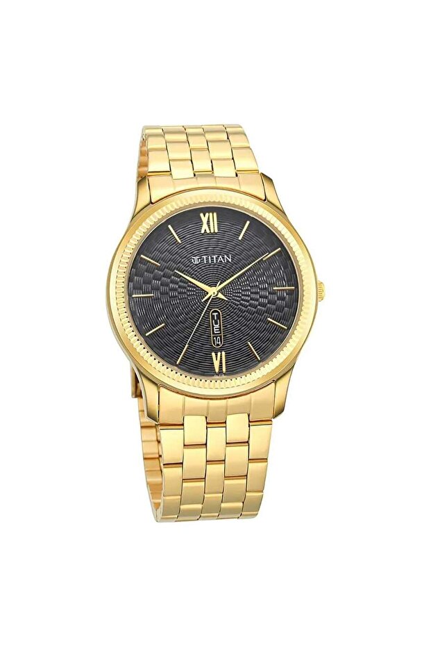 Quartz Analog with Day and Date Black Dial Metal Strap Watch for Men