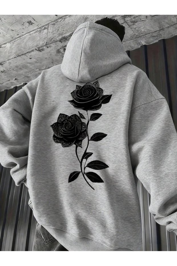 Unisex Gray Black Rose Back Print Hooded Sweatshirt Printed Premium Oversize T-Shirt