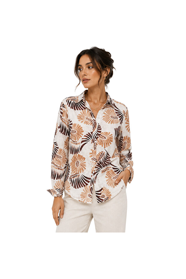 Women’s Beige & Brown Tropical Leaf Print Long-Sleeve Button-Up Shirt – Free Size