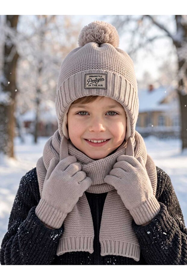Kitti 4-8 Years Old Boys' Lined Scarf, Beanie, Gloves 3-Piece Set