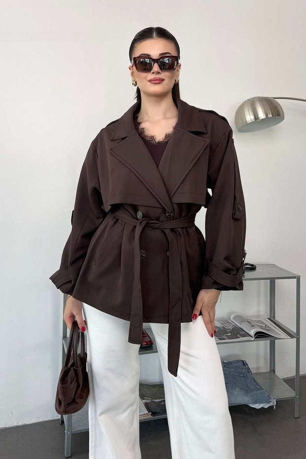 Women's Double-Breasted Collar Belted Double-Pocket Trench Coat Brown - 27K 3051