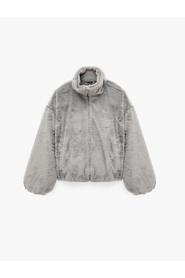 High Collar Long Sleeve Faux Fur Jacket with Zipper Pocket Detail