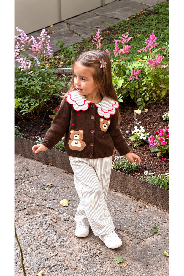 Girl's Embroidered Collar Detailed Cardigan with Bear Figure and Gabardine Woven Trousers Top and Bottom Set