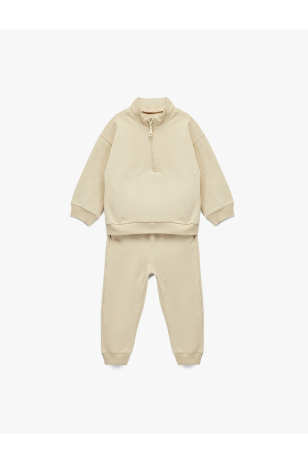 Cotton Şardonlu Long Sleeve Zippered High Collar Tracksuit Set
