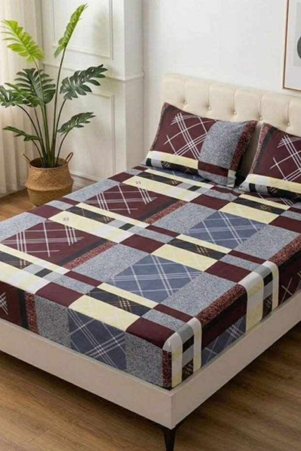 Double Bed Fitted Sheet With 2 Pillow Covers Soft Comfortable Elastic Bedding Set - 160x190