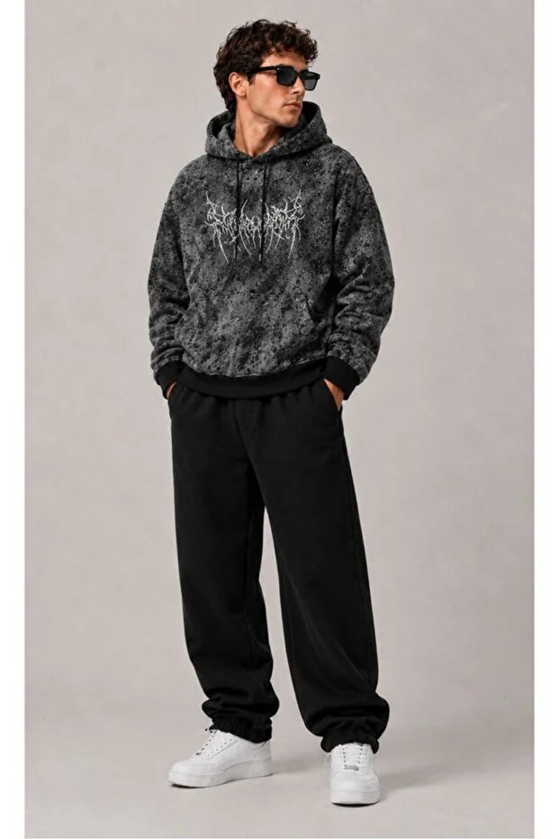 Unisex Printed Oversize Hooded Sweatshirt with Pockets