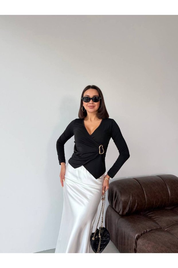 Double-Breasted Collar Buckle Long Sleeve Blouse