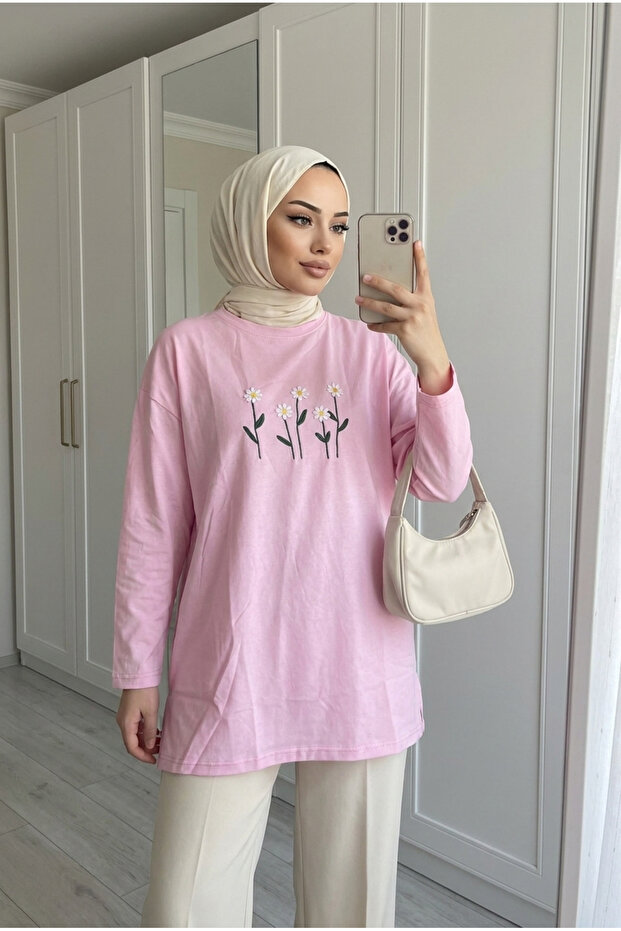 Women's Floral Embroidery Detailed Loose Long Sweatshirt Tunic