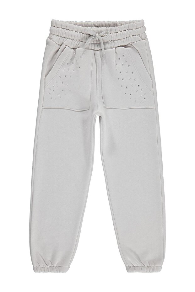 Girl's Pocketed Sweatpants with Stone Print | 3 Thread Printed | School Nursery and Daily Use - Gray