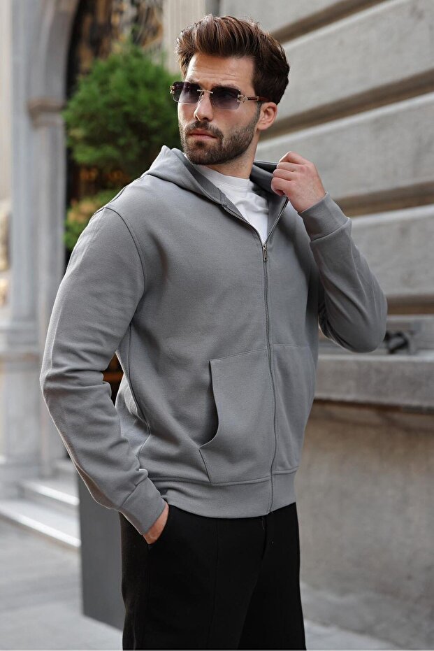 Smoked Hooded Basic Men's Cardigan with Zipper Pockets E7217