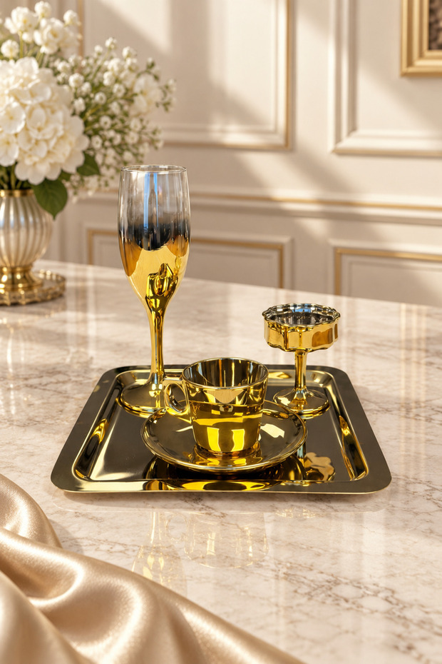 5-Piece Coffee Presentation Set: 70 ml Cup, 170 ml Glass, 40 ml Turkish Coffee Cup and Tray