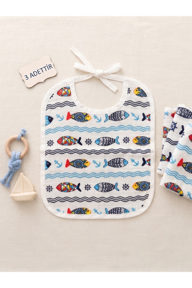 3 Pieces of Muslin Baby Bibs, 100% Cotton, Two Layers, Sailor Pattern