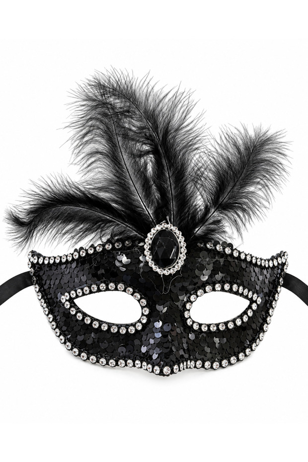 Purple Feathered Venetian Mask with Stones and Sequins, Showy Party Costume Mask