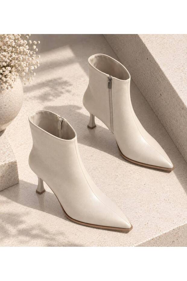 Cream Skin Color Pointed Toe Thin Heeled Women's Ankle Boots