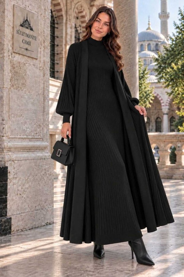 Women's Standing Collar Long Dress and Cardigan 2-Piece Knitwear Set