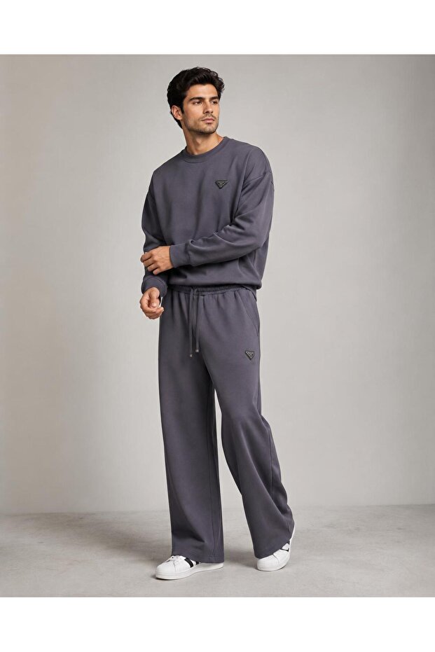 Men's Oversize Crew Neck Sweatshirt Wide Leg Sweatpants Set - Soft Texture Wide Leg Two-Piece Set
