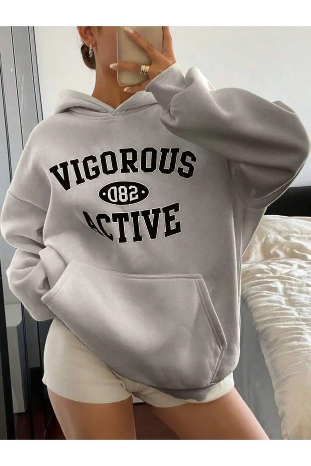 Unisex Gray Vigorous Printed Hooded Sweatshirt Printed Premium Oversize T-Shirt