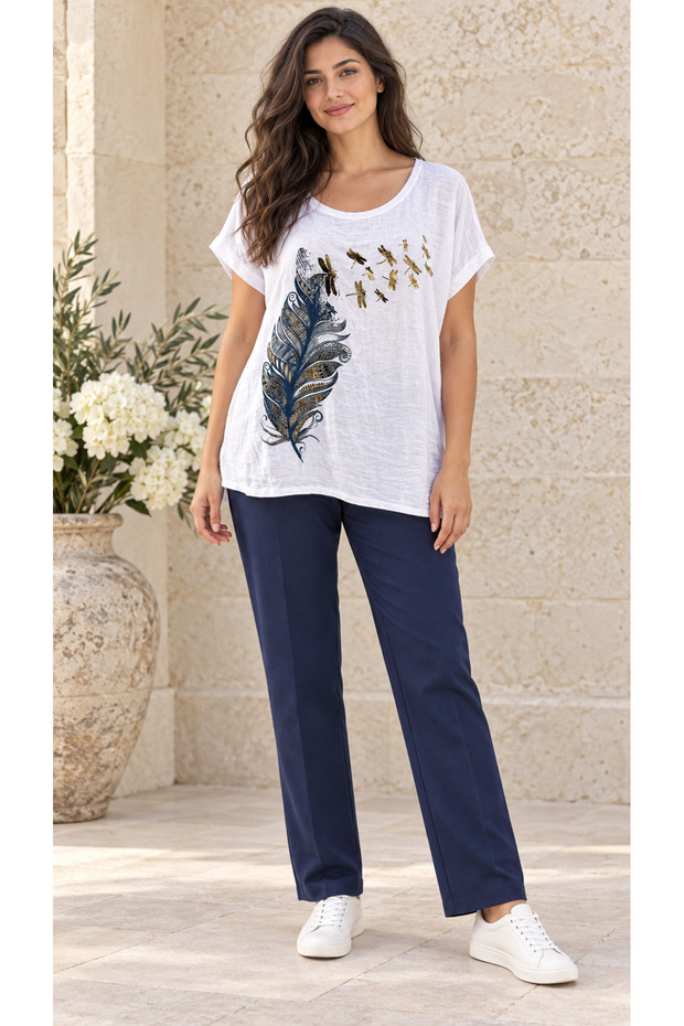 Women's Italian Linen Fabric Shiny Short Sleeve Blouse 40-46