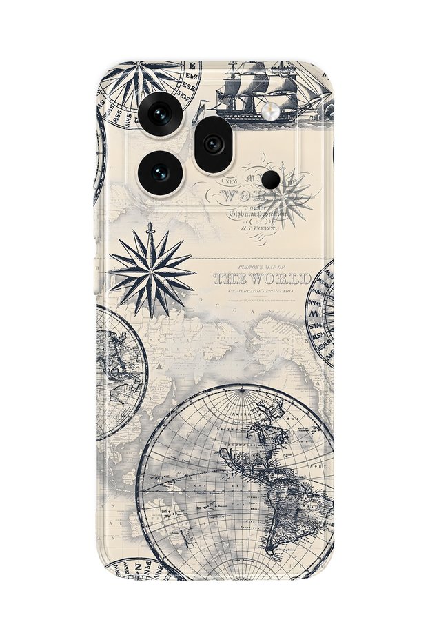 Honor 600 Pro Compatible Transparent Phone Case with World Map and Compass Pattern
