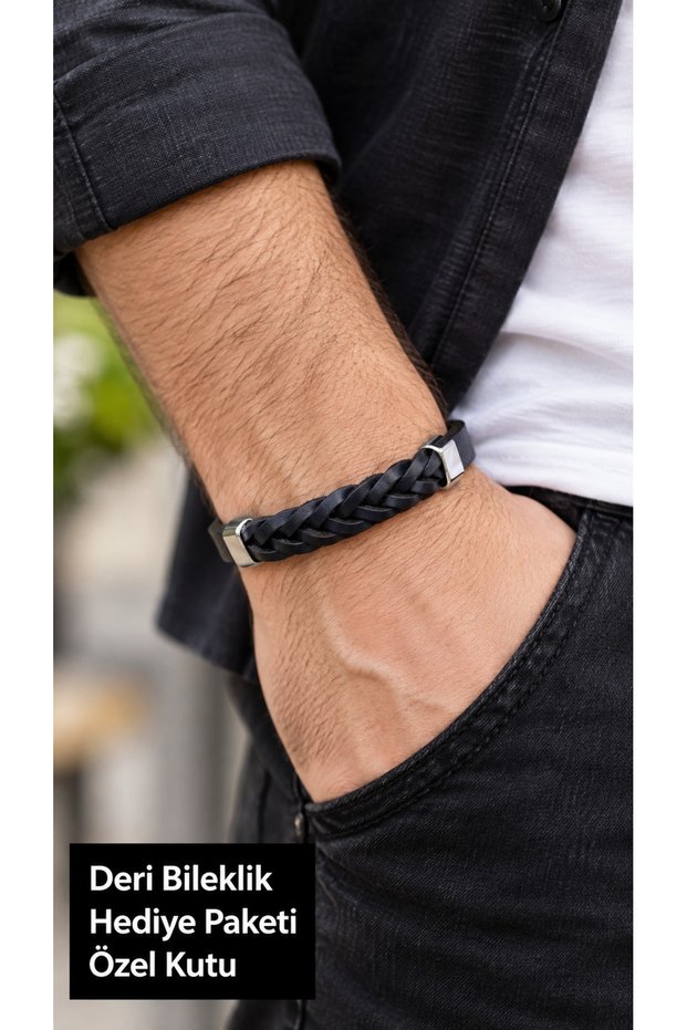 Norvello Navyplait Black Navy Blue Leather Men's Bracelet - Thick Knitted Detail