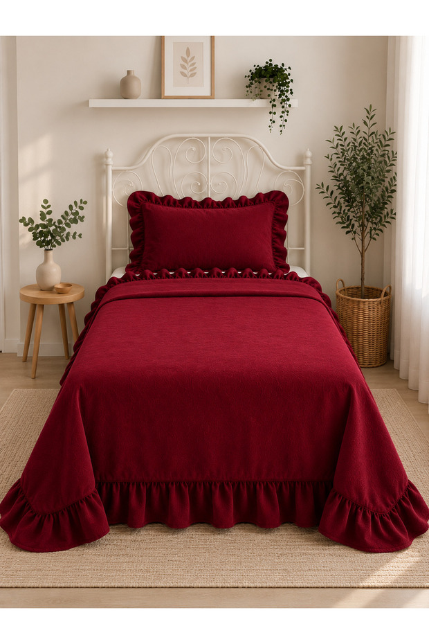 İnci Vintage Ruffled Burgundy Bedspread Single Size