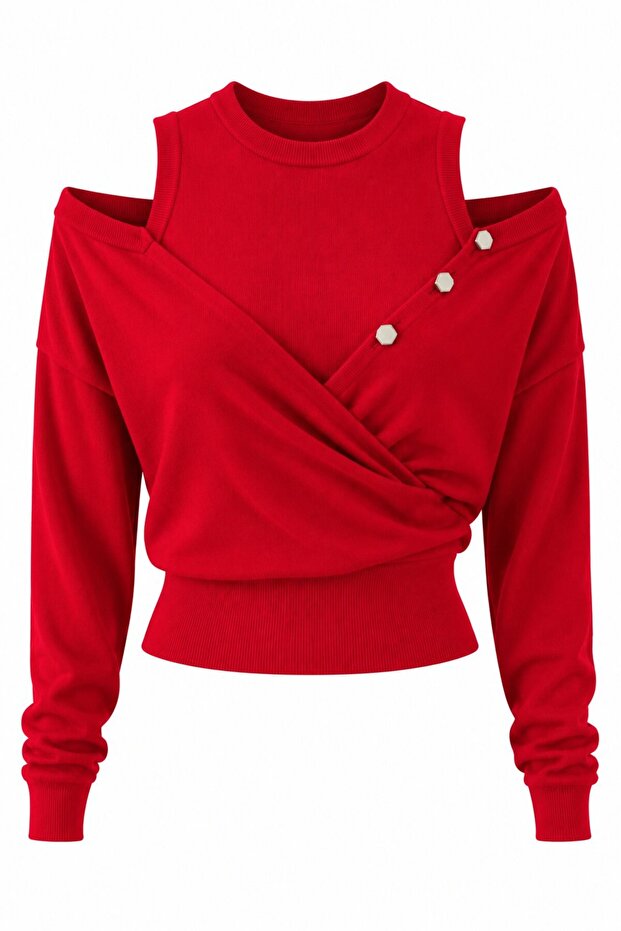 Red Hexagonal Button Detailed Body Cardigan Set - 261009
