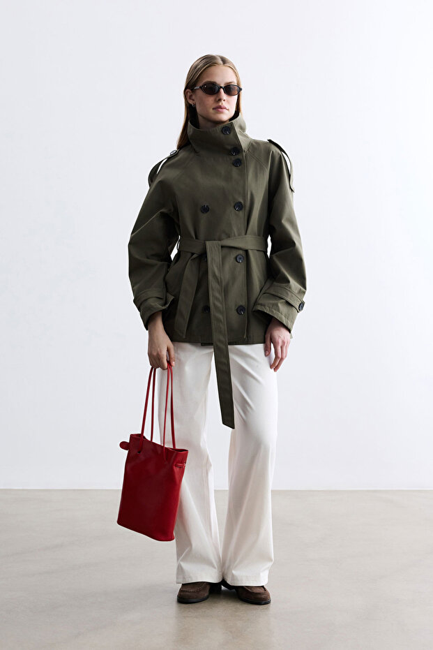 Khaki Stand-Up Collar Trench Coat