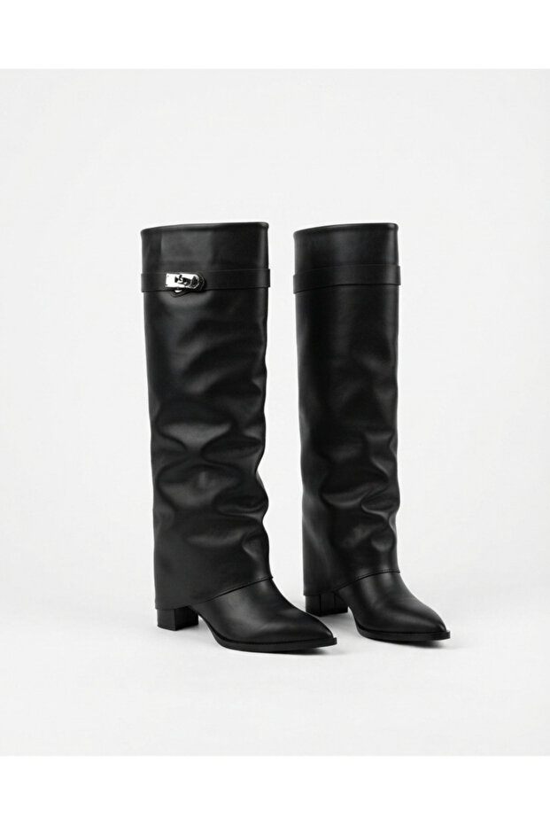 Women's Below-The-Knee Belt Buckle Pointed-Toe Short-Heeled Stylish Boots
