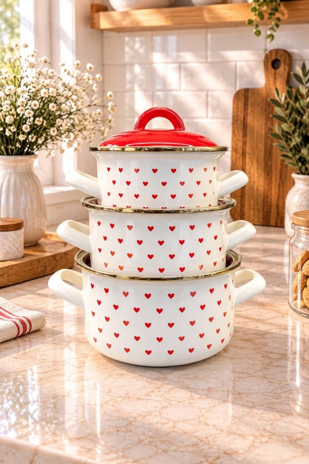 Heart Patterned Enamel Cookware Set - Gold Gilded Edge 3-Piece Storage and Cooking Pots