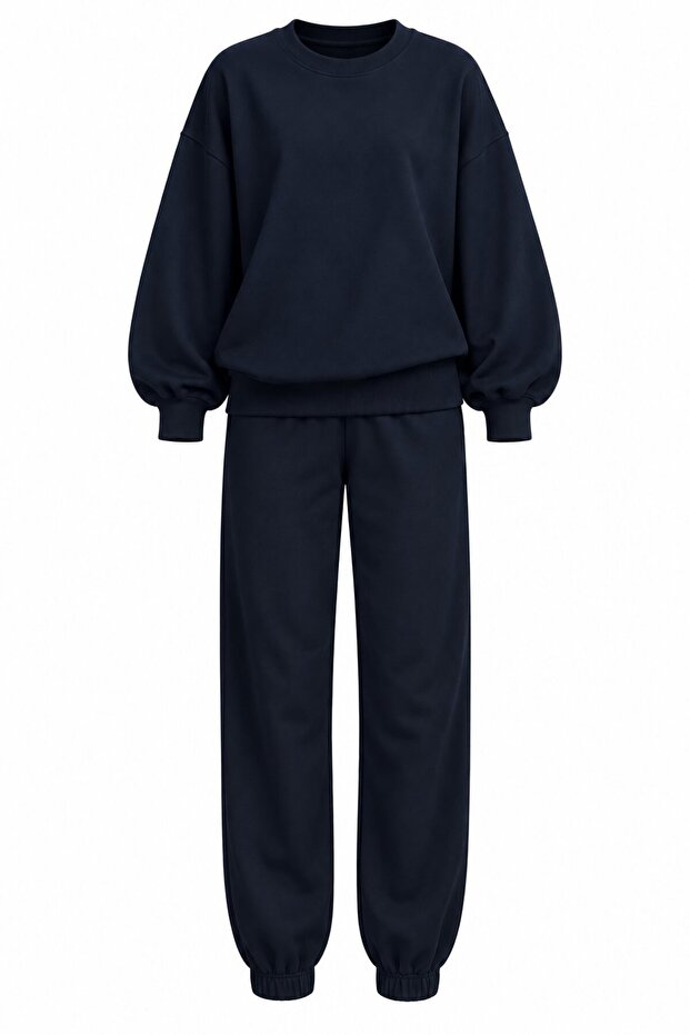 Navy Blue 100% Cotton Tracksuit Set with Elastic Cuffs - 22Y98243