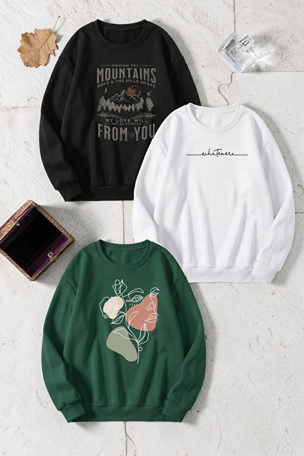 Unisex Mixed Printed Crew Neck Sweatshirt Set – Pack of 3