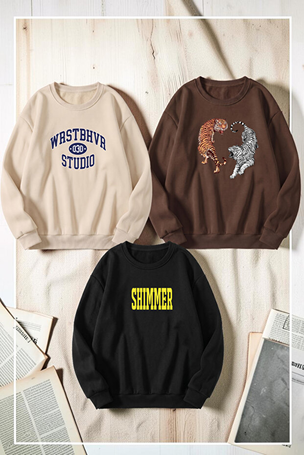 Unisex Mixed Printed Crew Neck Sweatshirt Set – Pack of 3