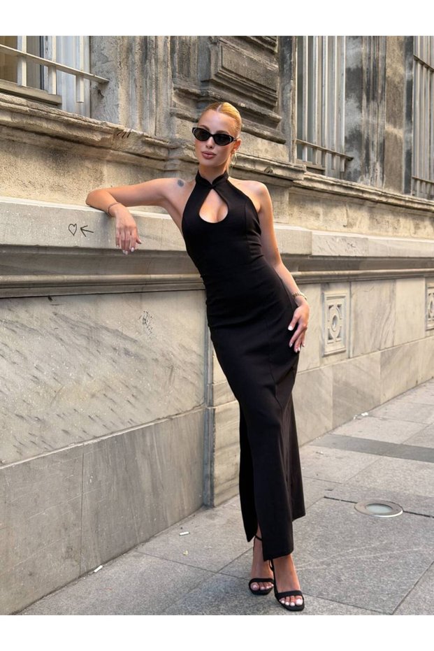 Chest and Back Cut-Out Long Dress with Slits
