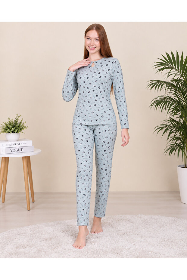 Women's Long Sleeve Interlock Fabric Complete Patterned Pajama Set 100% Cotton
