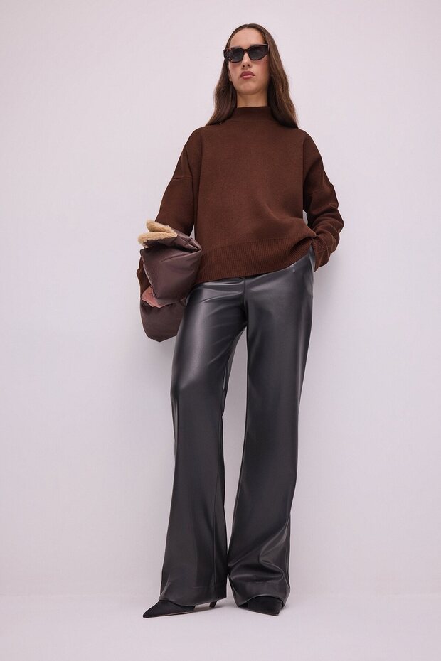 Wide-Legged Leather Pants with Elastic Waist