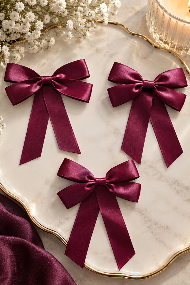 Burgundy Satin Ribbon Hair Clip 3 Pieces Abt001