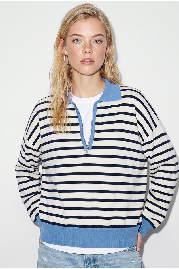 Women's Navy Blue Polo Collar Zippered Striped Oversize Knitwear Sweater 2757 60286481